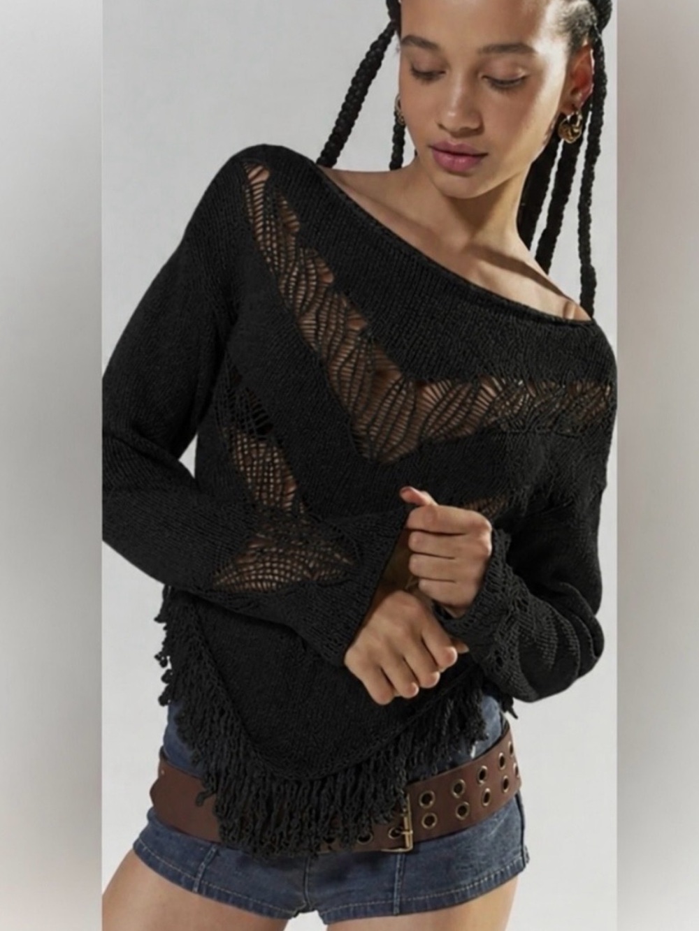 Urban Outfitters Black Open-Weave Fringe Pullover